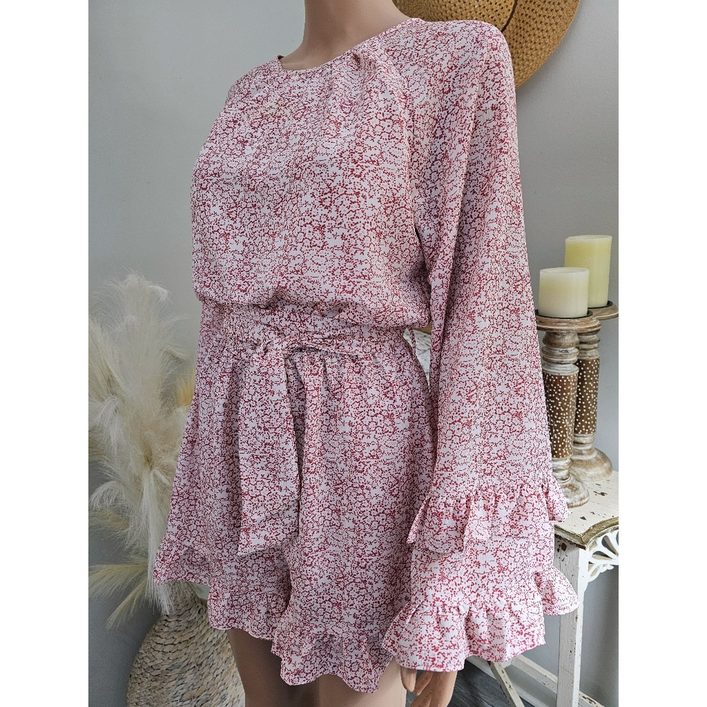 PINCH White & Red Floral Long Ruffles Sleeve Open Ties Back Romper Size Small - Picture 2 of 8